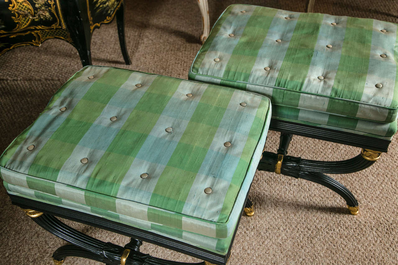 Hollywood Regency Pair of Ebonized X-Form Benches in the Manner of Jansen