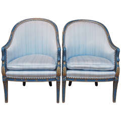 Pair Blue Gooseneck Bergere Chairs