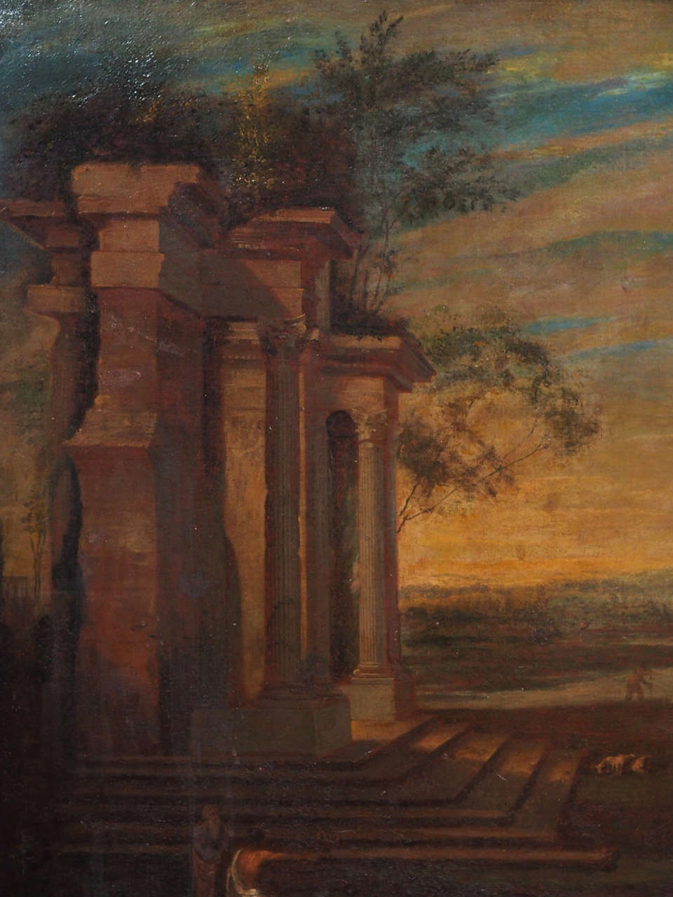 Large landscape oil-on-canvas painting of Italian ruins. Unsigned and date unknown, canvas and frame suggest mid to late 19th century.