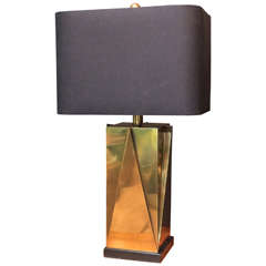 Geometric Brass Lamp, Set on Black Square Base