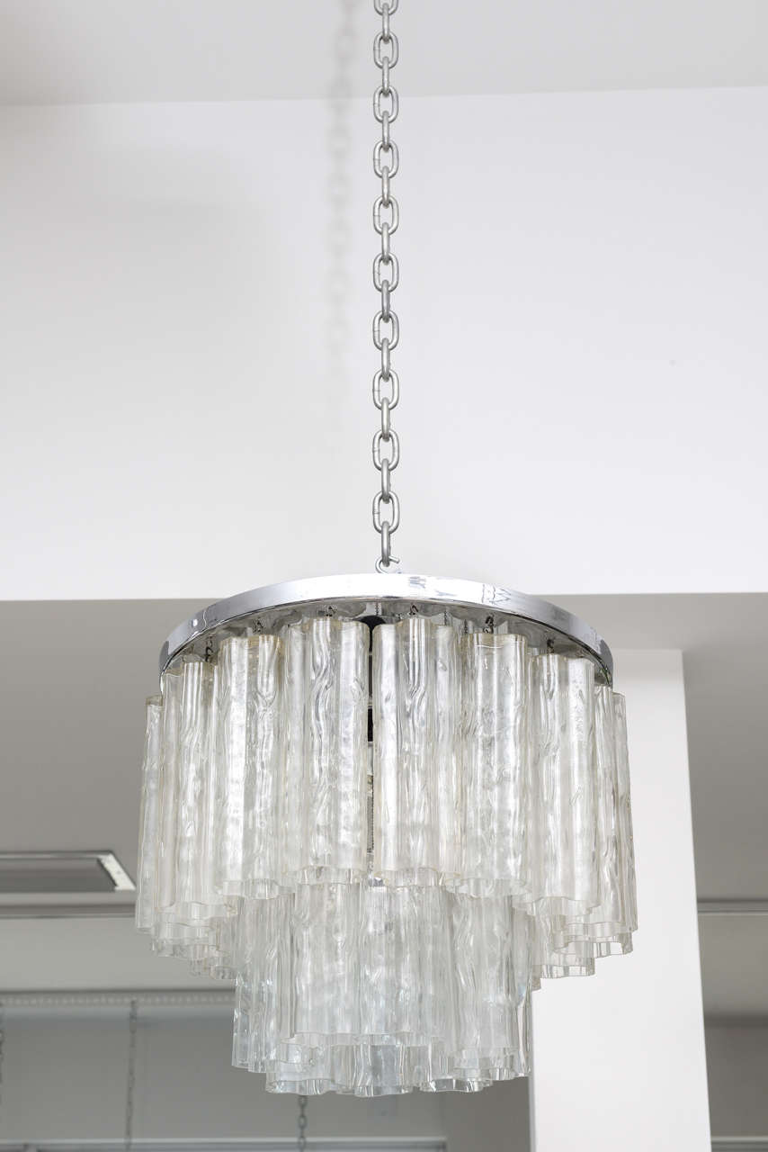 Vintage Venini Mid-Century Modern chandelier with chrome canopy. This fixture is designed to flush mount.