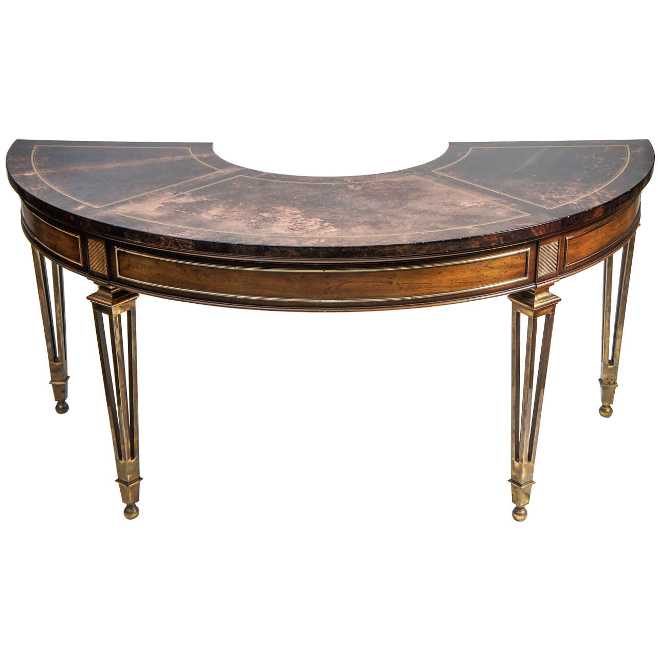 Brass Mastercraft Demilune Desk with a Custom Dyed Goatskin Surround at