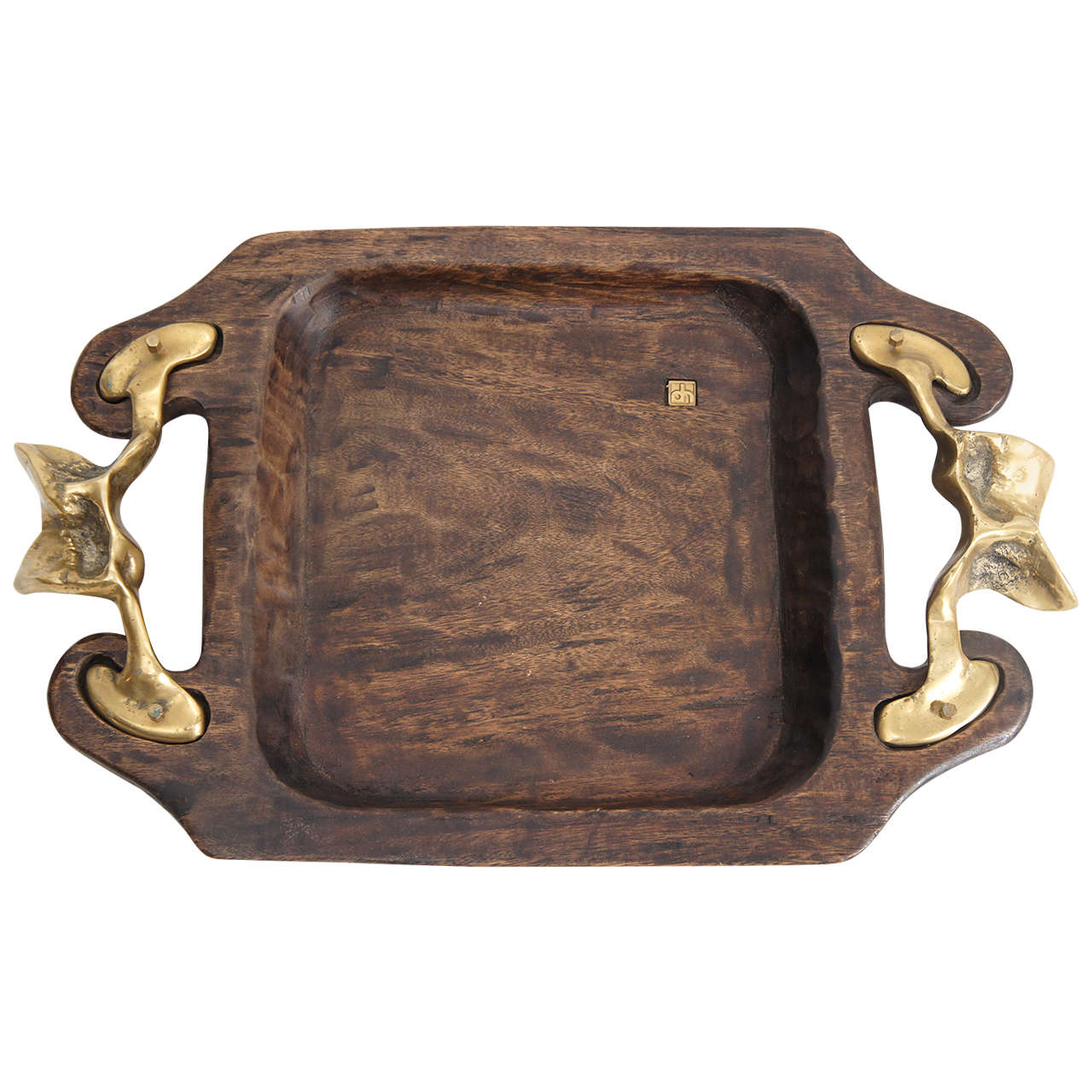 Bronze and Wood Brutalist Serving Tray by Sculpture David Marshall at