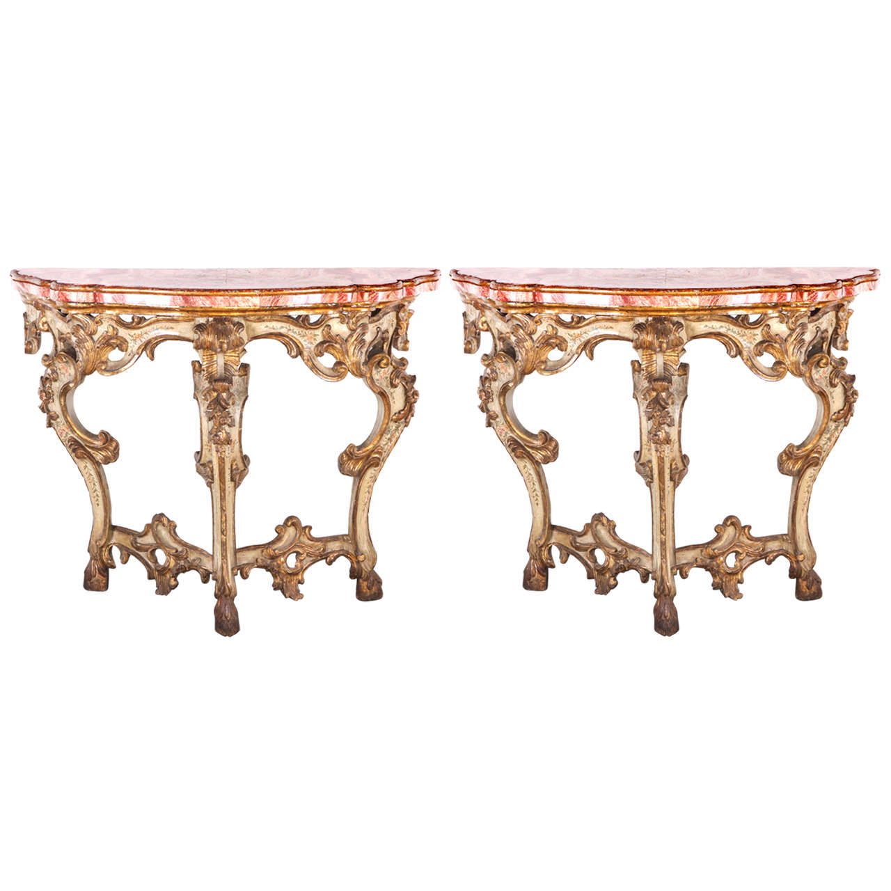 18th Century Roman giltwood and painted pair of console tables For Sale