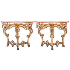 18th Century Roman giltwood and painted pair of console tables
