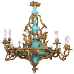 Chandelier in Gilded Bronze and Porcelain