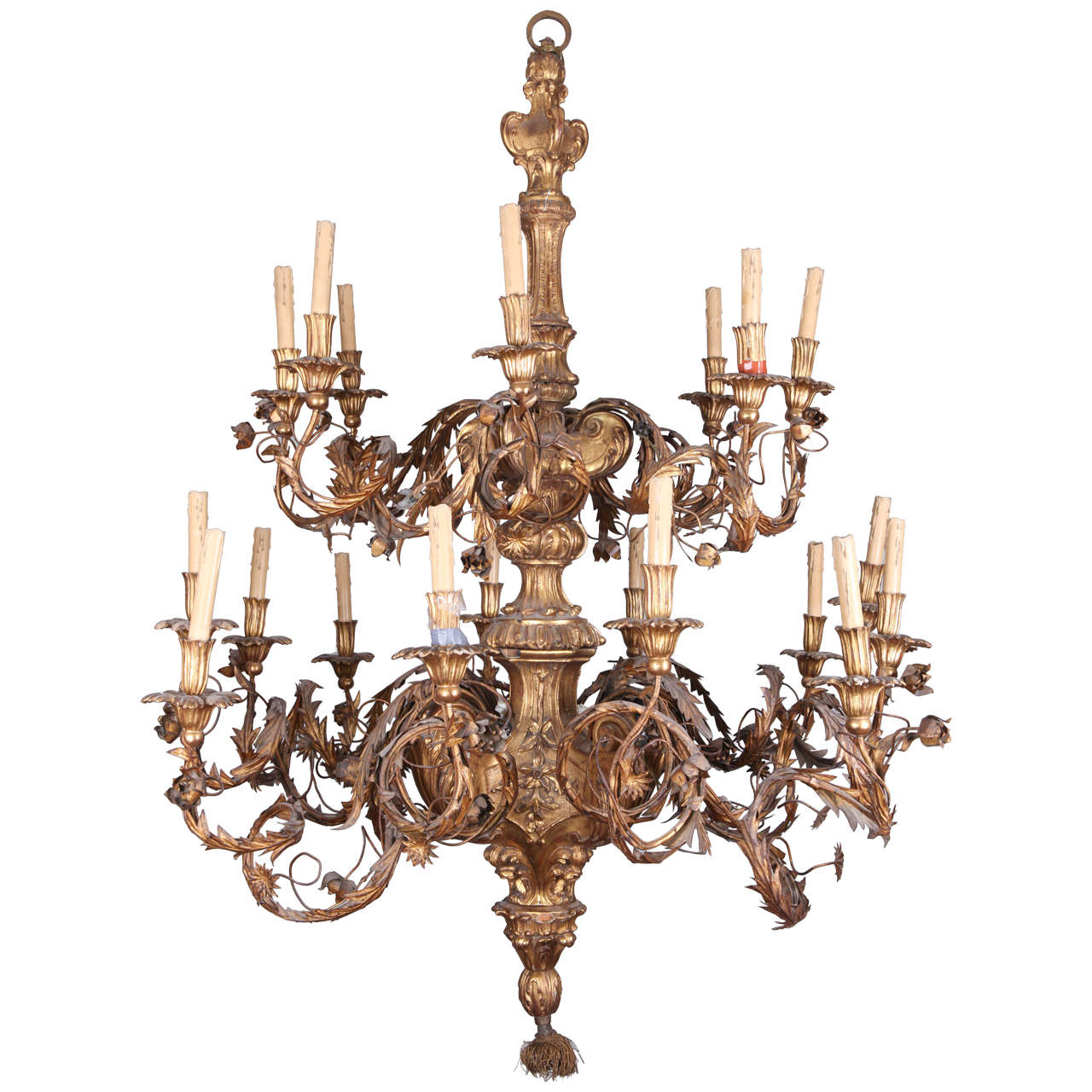 Chandelier in Wood and Gilt Wrought Iron