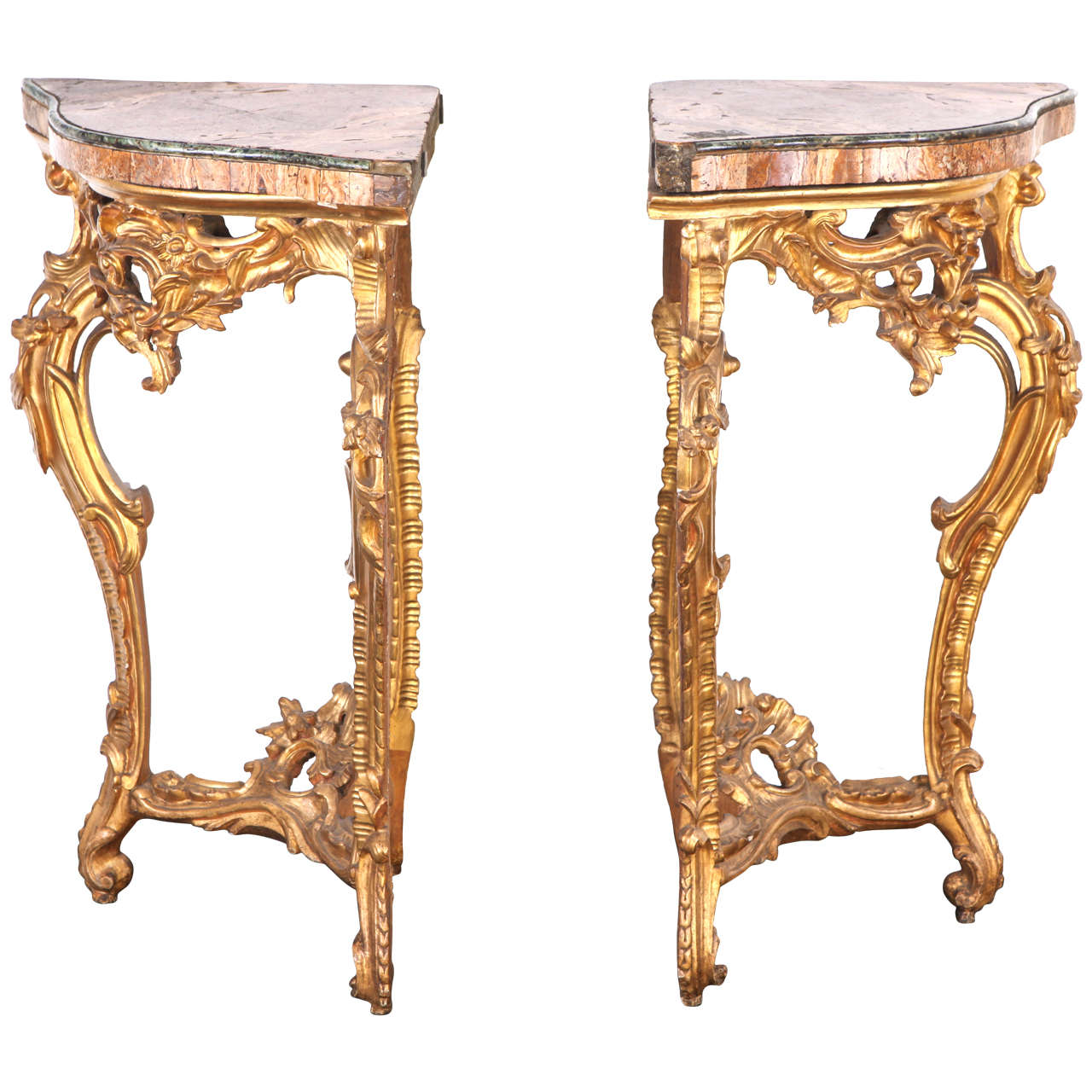 18th Century Italian alabaster topped giltwood pair of corner console ...