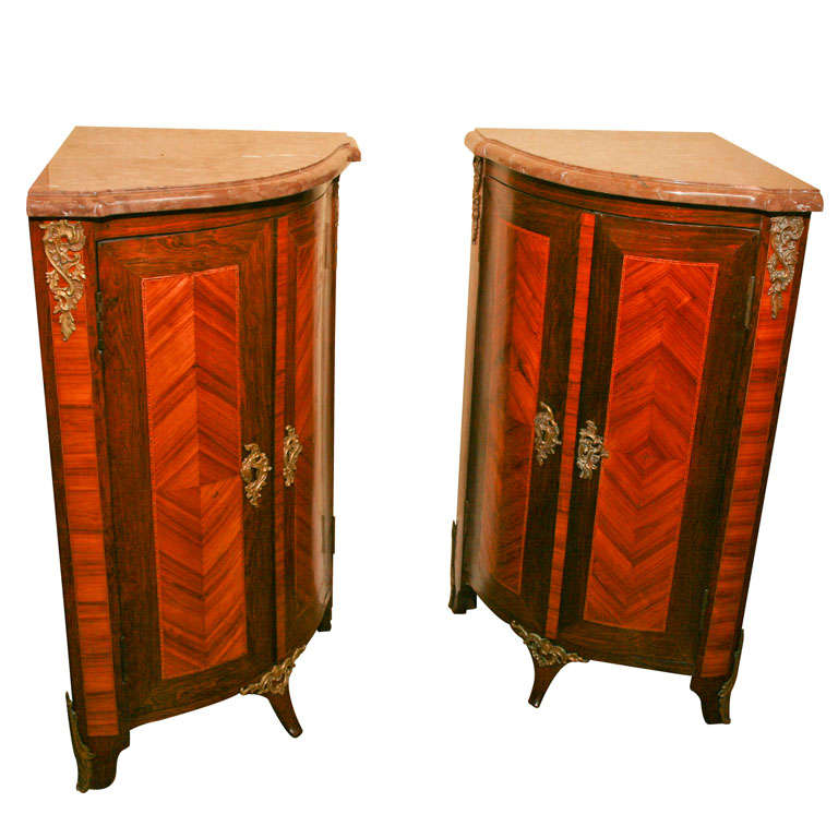 Pair Early 20th C. Louis XV  Style Marble Top Corner Cabinets