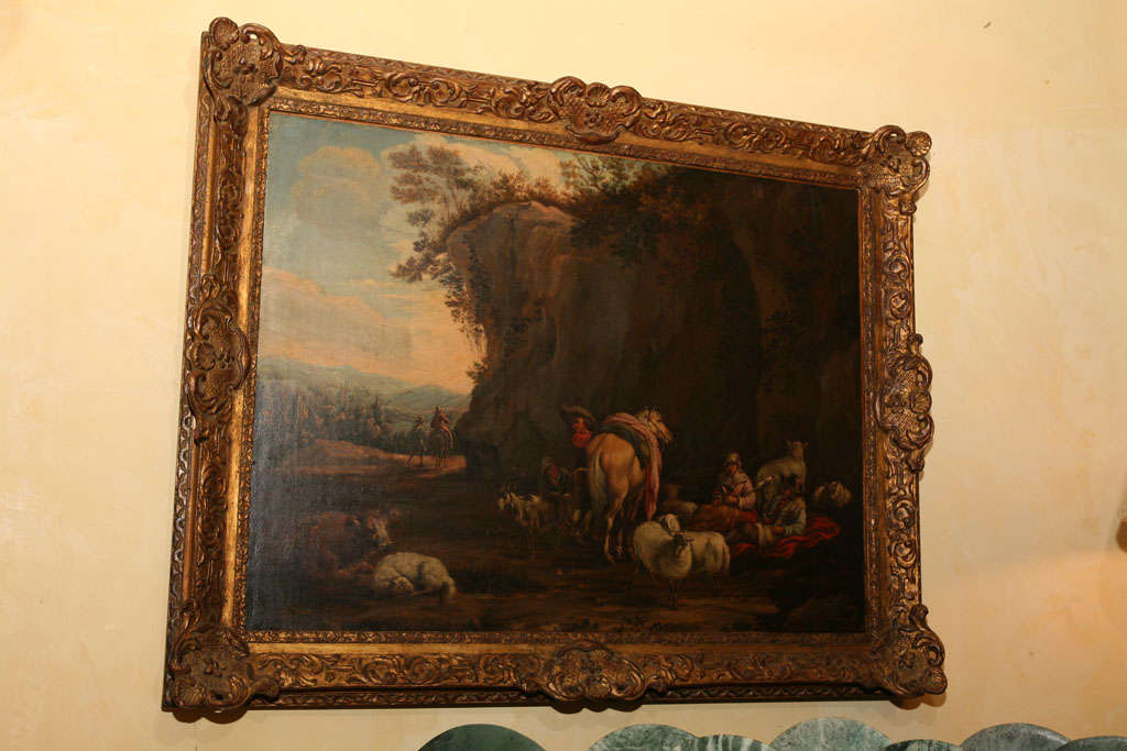 This lovely and decorative painting of peasants in a bucolic setting with numerous farm animals is typical of the period and is designed to illustrate happier moments and a getting back to nature that so many aristocratic families longed for in