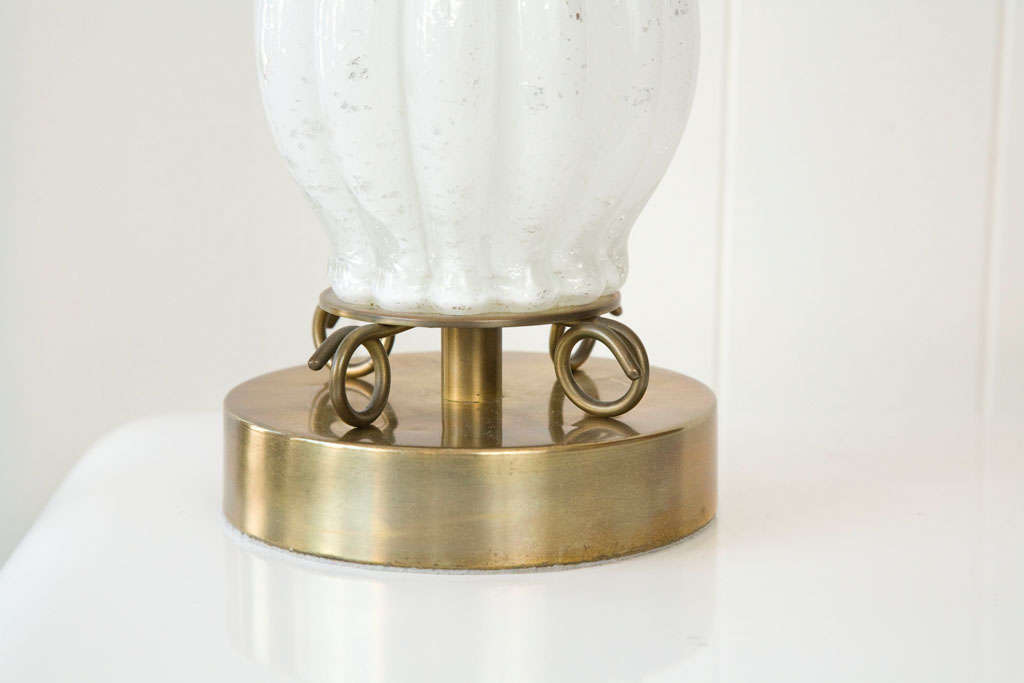 Pair of White & Silver Murano Glass Lamps on Brass Bases