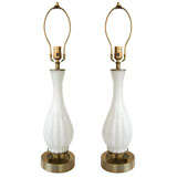 Pair of White 
Silver Murano Glass Lamps on Brass Bases