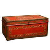 China Trade Decorated Red Leather and Brass Trunk