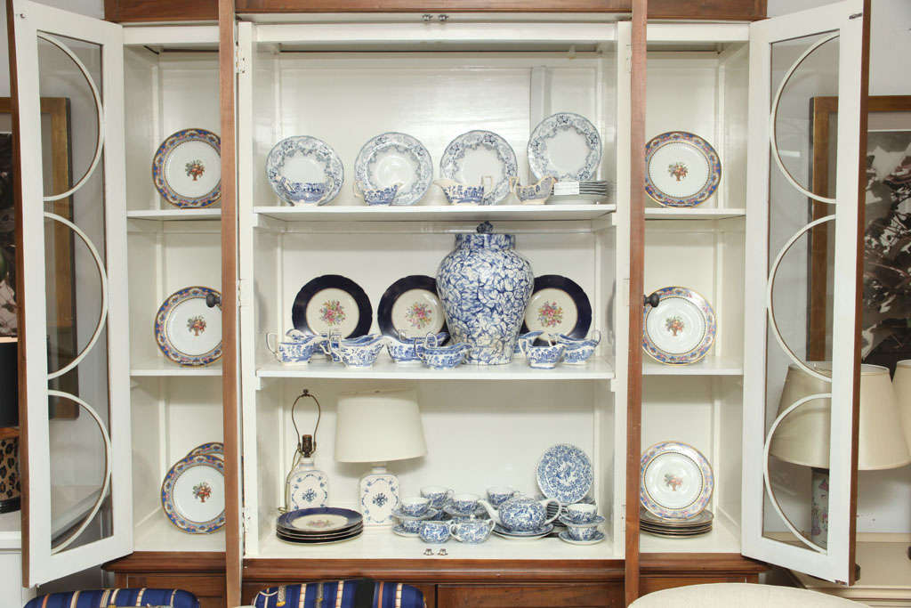 Set of Blue and White Ceramic Plates, Jars, and Lamps