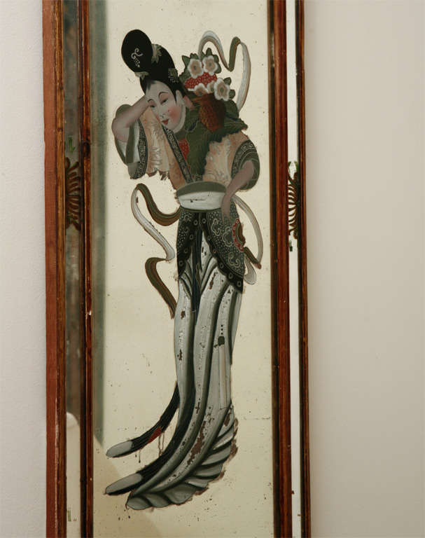 Japanese reverse painting on mirror.