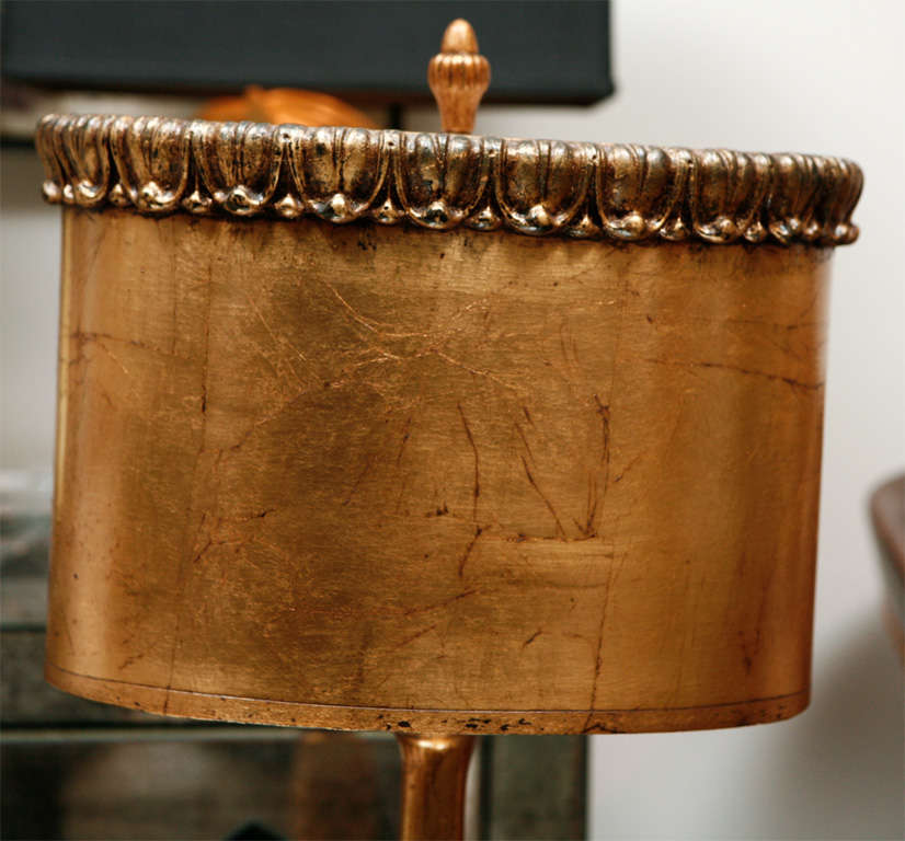 Gilded Carved Wooden Base with Cast Metal Stem and Paper Shade that has a Carved Wooden Crown