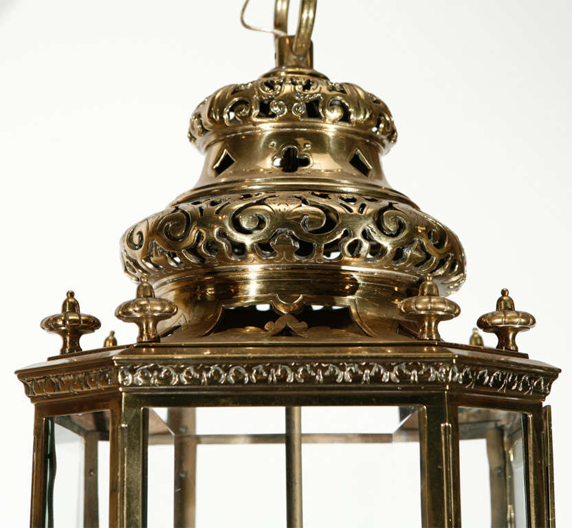 Hand-Crafted French Moorish Gilt Brass and Glass Hall Lantern