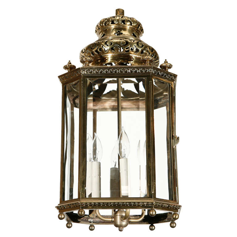 French Moorish Gilt Brass and Glass Hall Lantern