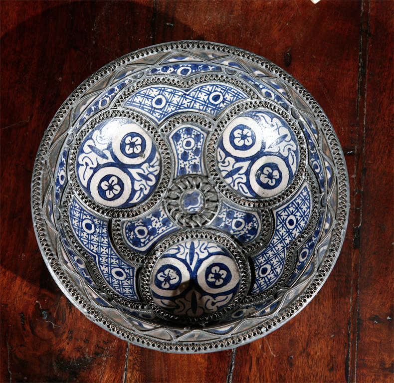 Moroccan Ceramic Plate with Silver Filigree from Fez