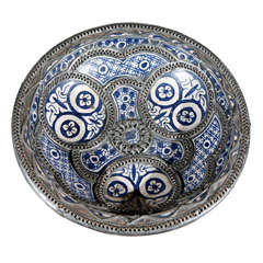 Moroccan Ceramic Plate with Silver Filigree from Fez