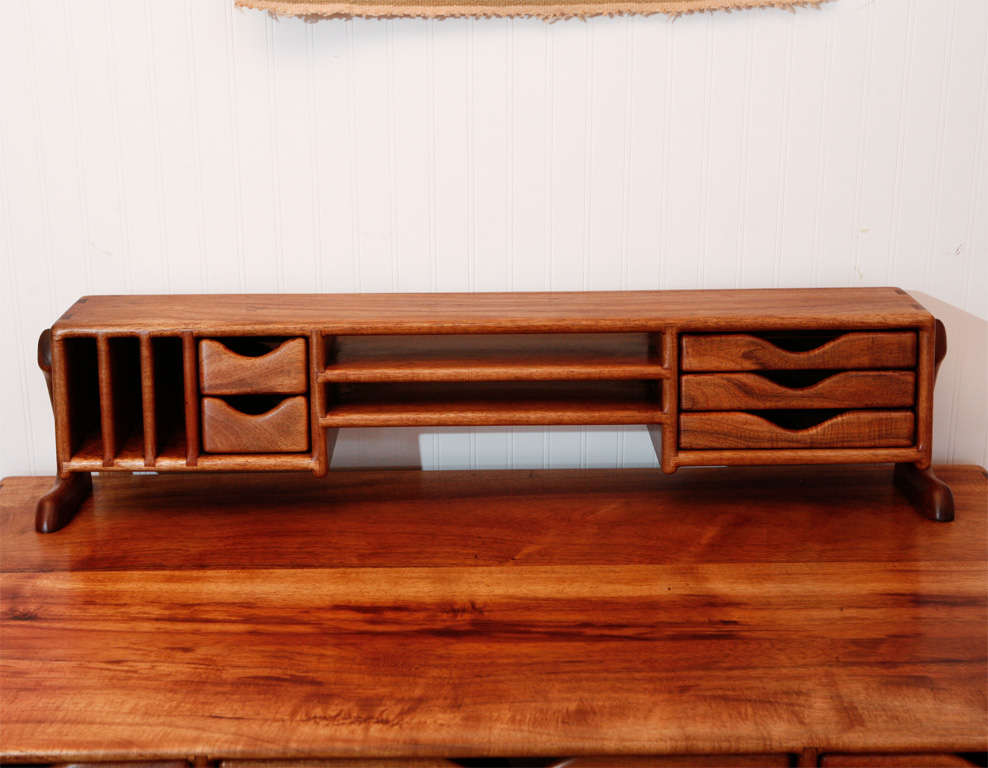 Handcrafted two-tiered studio dovetail desk in koa wood by California Craftsman Dale Holub. Signed 7605.