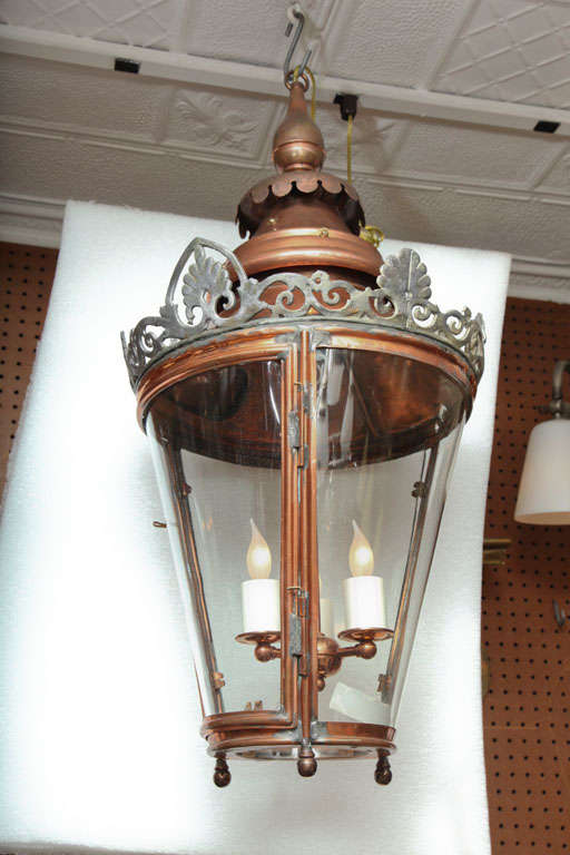 Pair of conical lanterns with three bent glass panels. Newly electrified.