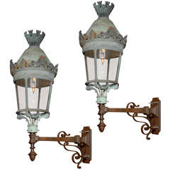 Vintage Pair of French Lanterns Mounted on Cast Iron Brackets
