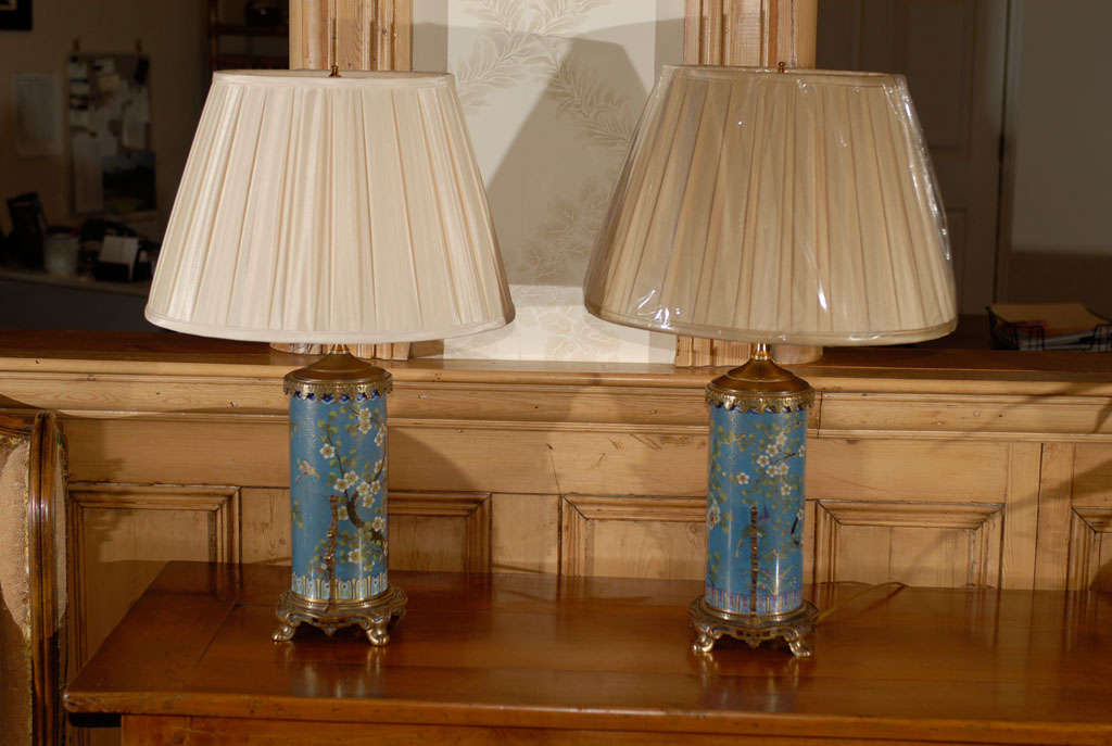 This is a wonderfully detailed pair of lamps.  Cloisonne in itself is an intricate art form.  The artisan first lays the background for the design and then places brass wire  in the desired pattern.  He next fills in the finely defined spaces with