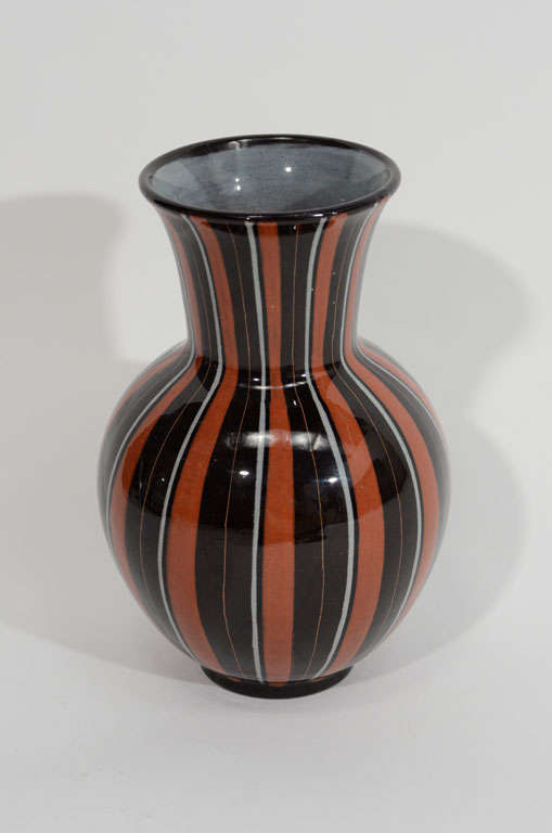 Stunning striped vase meticulously decorated and well marked. Hand written inscription on the base reads, 