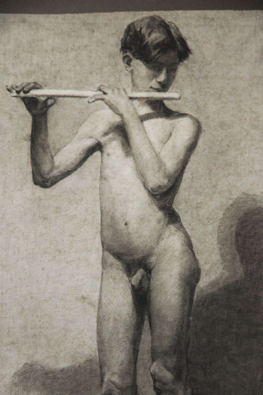 Pair of Italian Academic Charcoal Drawings of Male Nude Figures from 1880 In Good Condition For Sale In Los Angeles, CA