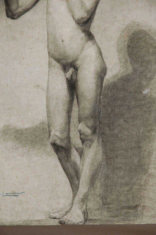 19th Century Pair of Italian Academic Charcoal Drawings of Male Nude Figures from 1880 For Sale