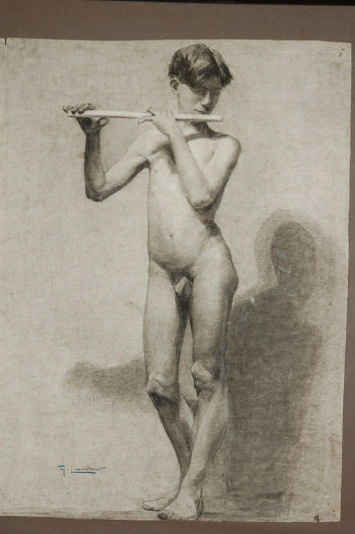 Paper Pair of Italian Academic Charcoal Drawings of Male Nude Figures from 1880 For Sale