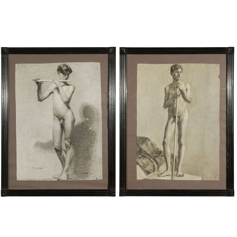 Pair of Italian Academic Charcoal Drawings of Male Nude Figures from 1880