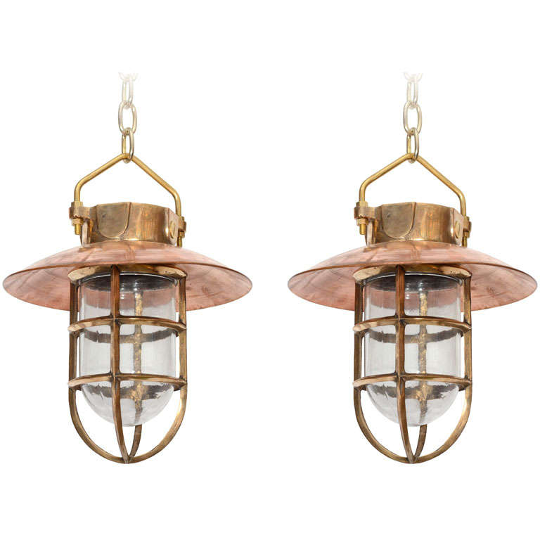 Pair of Dutch Copper and Brass Nautical Pendant Lights For Sale