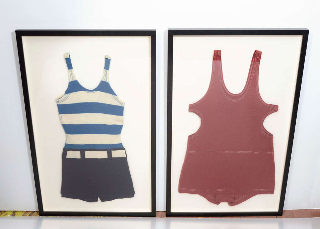 Pair of Men's Wool Bathing Suits Framed in Shadow Boxes.