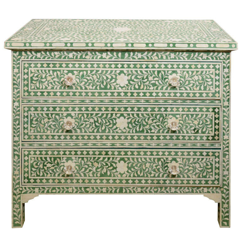 3 Drawer Green and White Indian Bureau with bone inlay on wood.  Green painted wood interior. Crystal pull knobs.