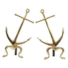 Pair of Antique 19th Century Brass Nautical Anchor Andirons