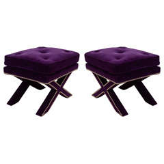 Pair of Mid Century X-Base Stools with Purple Velvet Upholstery