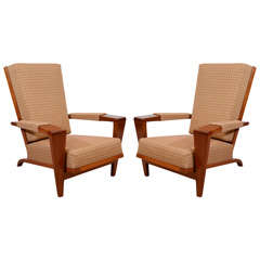 Pair of Mid Century Lounge Chairs with Angled Walnut Frames