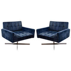 Pair of Mid Century Lounge Chairs in Original Tufted Blue Suede