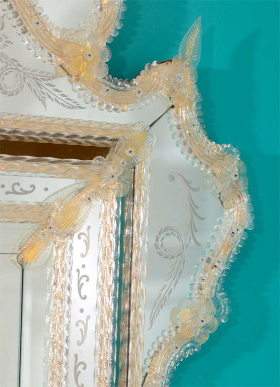 Glass Hollywood Regency Venetian Mirror with Floral Motif