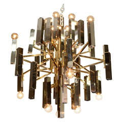 Mid Century Brass and Chrome Chandelier by Gaetano Sciolari