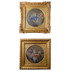 Pair of Gouache on Vellum Circular Paintings in Gilt Frames