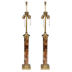 Pair of Mid Century Eglomise Glass and Brass Lamps