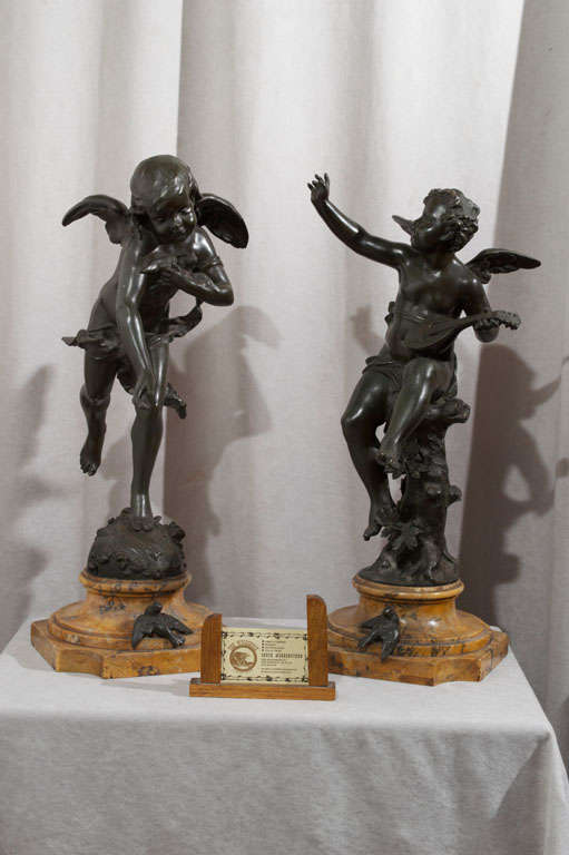 French Pair of Bronze Cherubs on Sienna Marble Bases