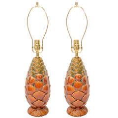 Pair of Pine Cone Pottery Lamps