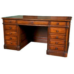 19th C Mahogany French Pedestal Desk With Leather Top