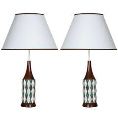 Pair of ceramic and wood lamp