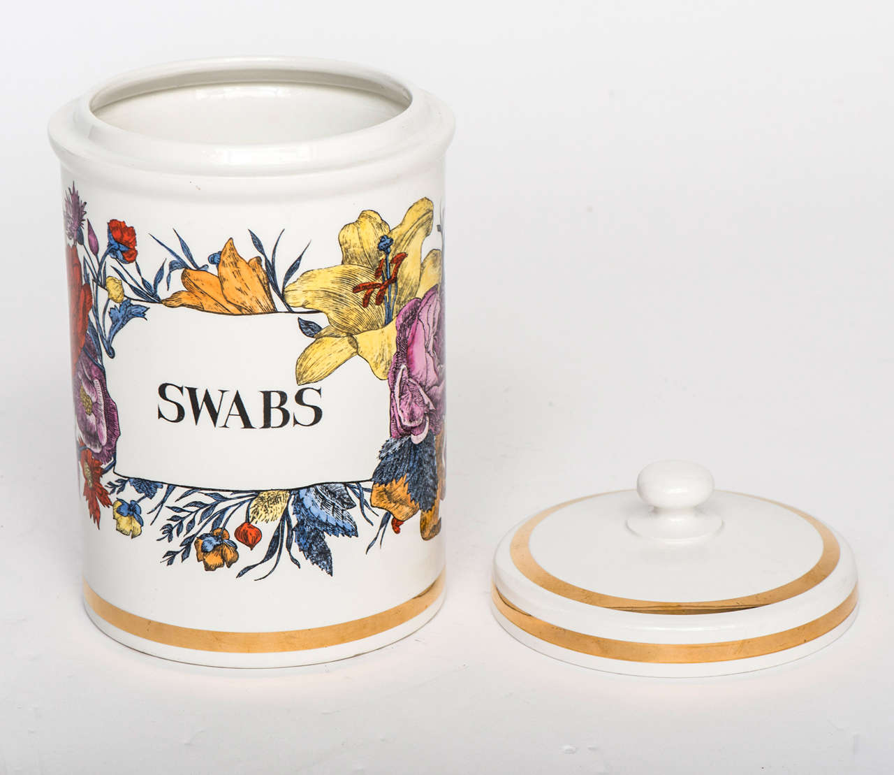 A Porcelain “Swabs” Jar and Cover by Piero Fornasetti.
Labelled against decorative Flora.
Lithographically printed and hand coloured.
Gilt highlights
Label to base
Italy
Circa 1960
30cmsh x 18cms diam