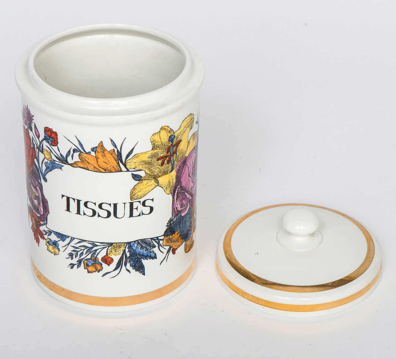 A Porcelain “Tissues” Jar and Cover by Piero Fornasetti.
Labelled against decorative Flora.
Lithographically printed and hand coloured
Gilt highlights
Label to base
Italy
Circa 1960
30cms h x 18cms diameter.